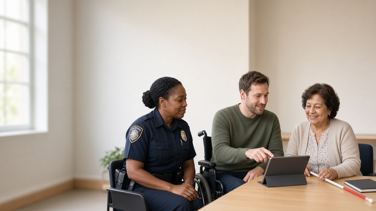 A police officer meets with two community members, a man using a wheelchair and a woman with a white cane, around a tablet.